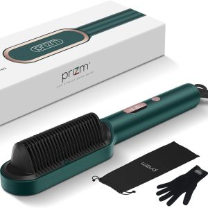 Prizm Hair Straightener Brush, 20s Fast Heating, Negative Ions Hair Straightening Brush with Less Frizz, 4 Temp Settings & LED Display, Anti-Scald Design, Gift for Women, Dual Voltage, Dark Green