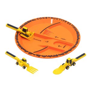 Constructive Eating Plate and Utensils Set - Made in USA - Toddler Dinnerware, Kids Dinnerware and Utensils Set for Ages 1-3, Toddler Utensils 2 and 3 Year Old, Divided Toddler Plates (Construction)