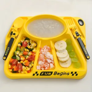 Non-Slip, Heat-Resistant Cartoon Motorcycle Dinnerware Set: Fork, Spoon, Dinner Plate, Self-Feeding Utensils, Food Supplement Bowl, Easy to Clean, Perfect for Holiday Gifts