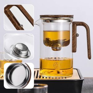 Water Separation Glass Teapot, Water Separation Glass Teapot with Wooden HandlePress Control Magical Teapot Glass, Magnetic Filter Teapot with Dual Infusers (520ml)