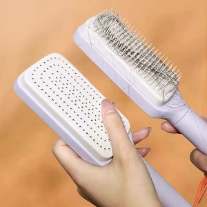 Self-Cleaning Hairbrush for Women - Ergonomic Scalp Massaging Comb with One-Key Cleaning Button, Anti-Static Nylon Bristles for All Hair Types, White ABS Plastic Handle for Easy Grip and Healthy Hair Growth, Scalp Massaging Tool | Sleek Hair Tool | Functional Design