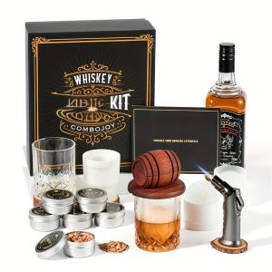Whiskey Smoker Kit with Torch - 6 Flavors Wood Chips, 2 Glasses, 2 Ice Ball Molds - Cocktail Smoker Infuser Kit, Old Fashioned Drink Smoker Kit, Birthday Bourbon Whiskey Gifts for Men, Dad (NO Butane)