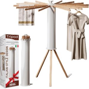1 Set Octopus Tripod Wooden Clothes Drying Rack with 2pcs Hangers - Foldable, Portable, Space-Saving Laundry Organizer for Home, Bathroom, Closet, Corridor, Bathroom Storage | Modern Laundry Setup | Wooden Construction, Laundry Room Organizer, Laundry Drying Rack