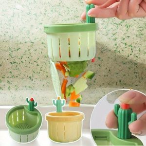 2/ 4/ 6 Packs Cactus Kitchen Sink Drain Strainer, Green & Yellow, Push Automatic Dump Basket, Multifunctional Food Waste Separator, Easy to Clean, Perfect for Home Use