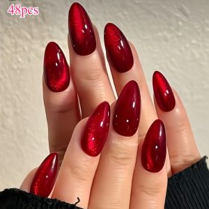 48pcs Elegant Cherry Red Almond Shape Nail, Medium Length, Glossy Surface, Detachable Cat'S Eye Fake Nails Suit Is Suitable As a Beautiful Gift for Valentine'S Day Holiday Birthday.