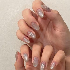 MERVF Round Press on Nails Short Fake Nails Gray Sliver Cat Eye Glue on Nails Bow Press ons Oval Acrylic False Nails with Design for Women Glossy 24pcs