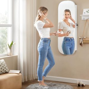 SONGMICS Jewelry Organizer, LED Jewelry Cabinet Wall or Door Mounted, Lockable Rounded Wide Mirror with Storage, Interior Mirror, 3.9 x 16.5 x 42.5 Inches, White Surface with Greige Lining UJJC026W01