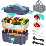 Electric Lunch Box, Heating Lunch Box, 1.8 Liter Self-Heating Box, Portable Food Warmer Heater For Truck Outdoor With Stainless Steel Container, 12V/24V/110V, 15.22oz Compartment, 1.35oz Sauce Box, Leak-Proof